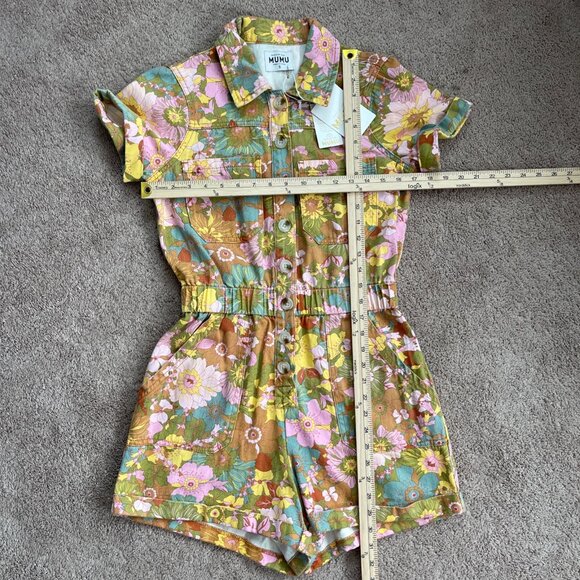 Show Me Your Mumu Cannon Romper Women S Multi Groovy Blooms Denim Floral NWT NEW - Picture 4 of 6